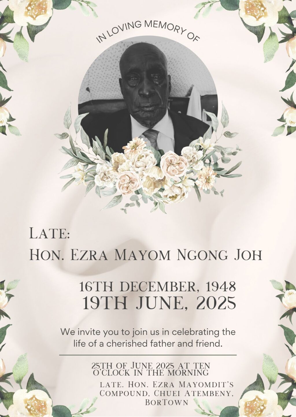 Bor Mourns Hon. Prof. Ezra Mayom Ngong Joh