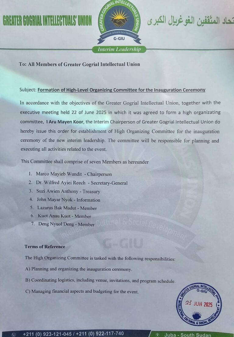 Greater Gogrial Union Names Inauguration Committee Ahead of July Ceremony