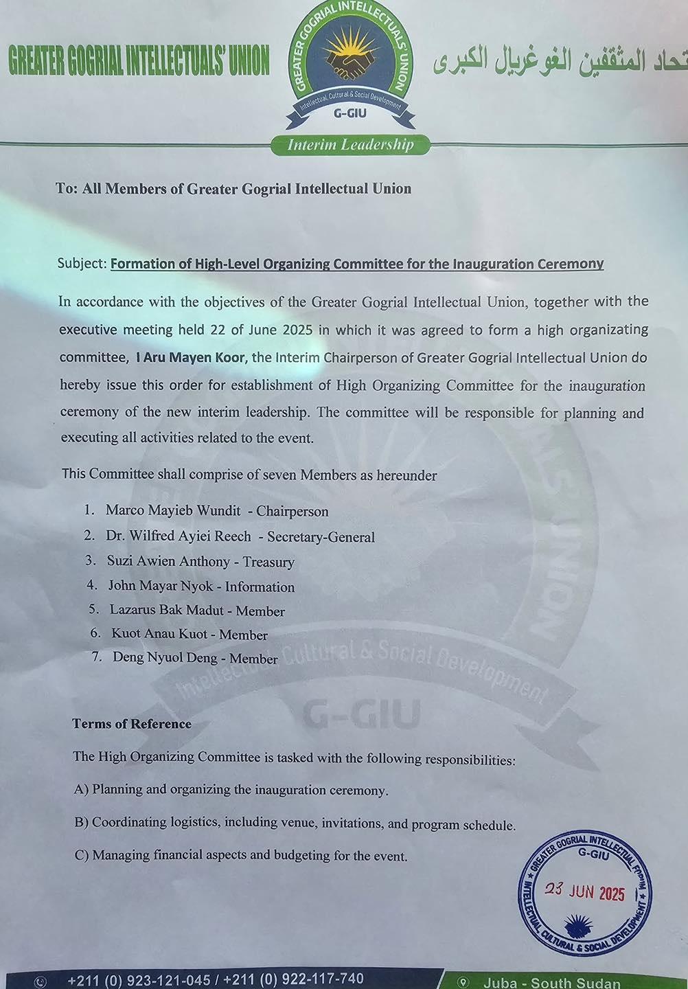 Greater Gogrial Union Names Inauguration Committee Ahead of July Ceremony