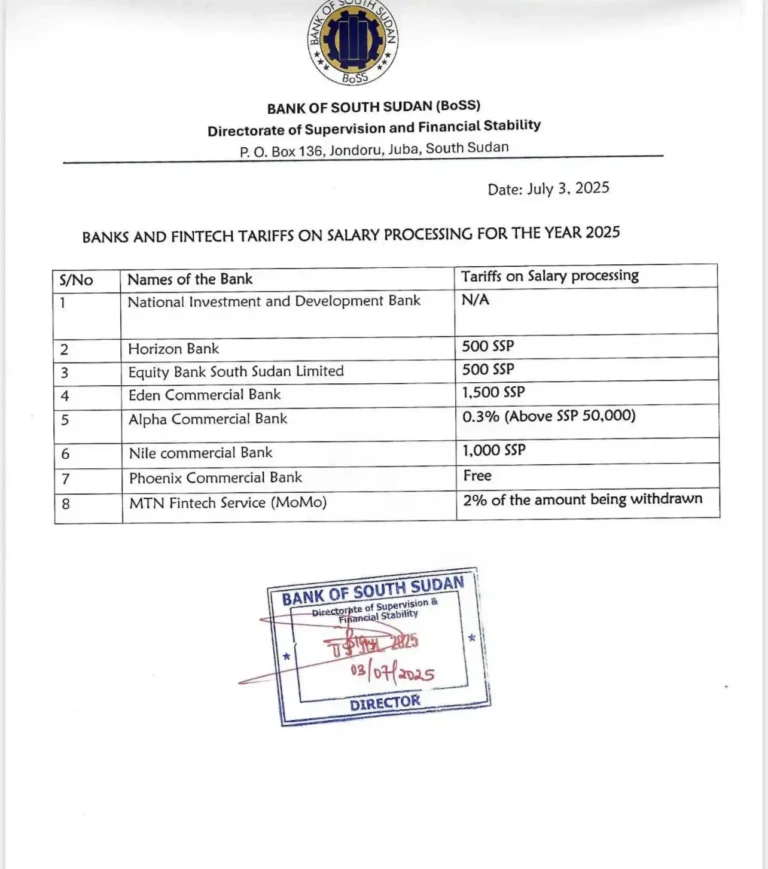 Central Bank Discloses 2025 Salary Fees for Multiple Banks in South Sudan