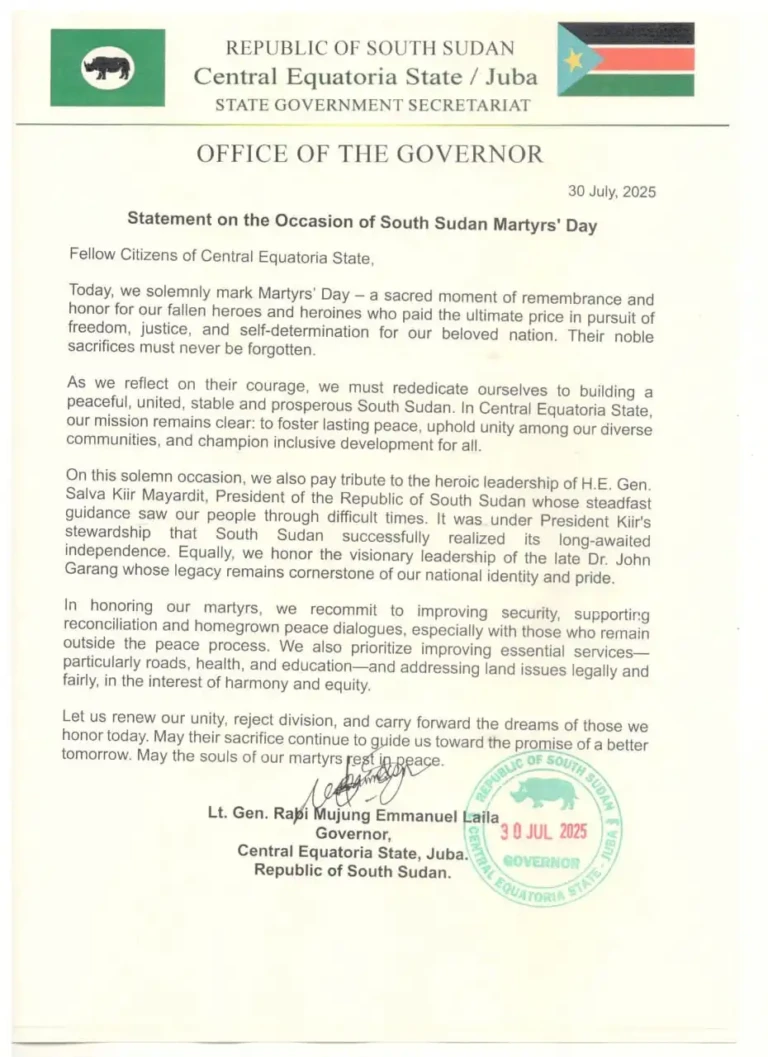 Roads, Land Top Central Equatoria Martyrs’ Day Agenda