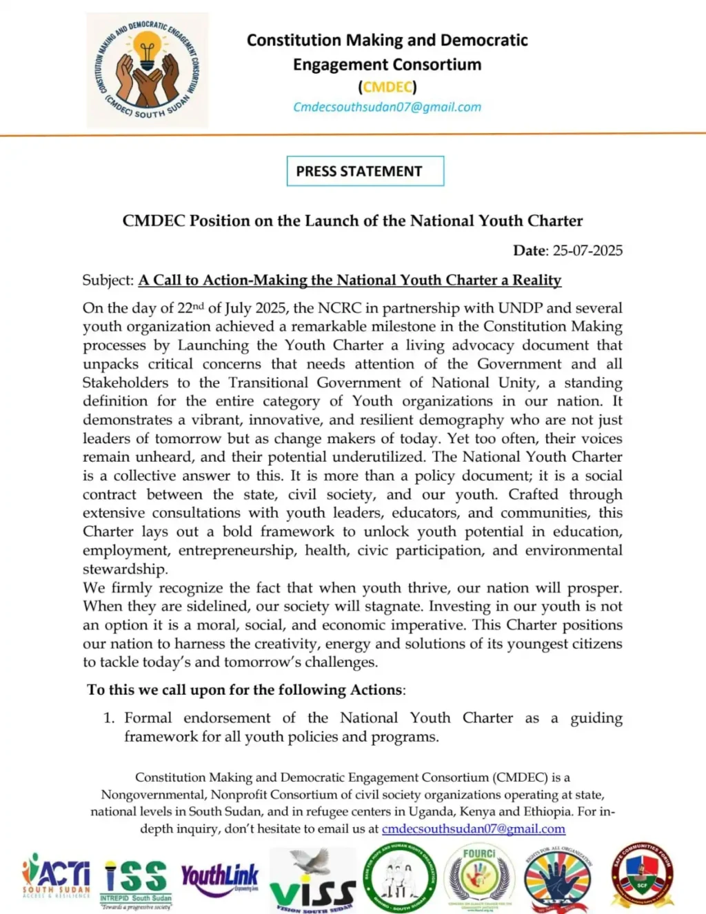 [PRESS RELEASE] - Charter Calls for Creation of National Youth Council in South Sudan