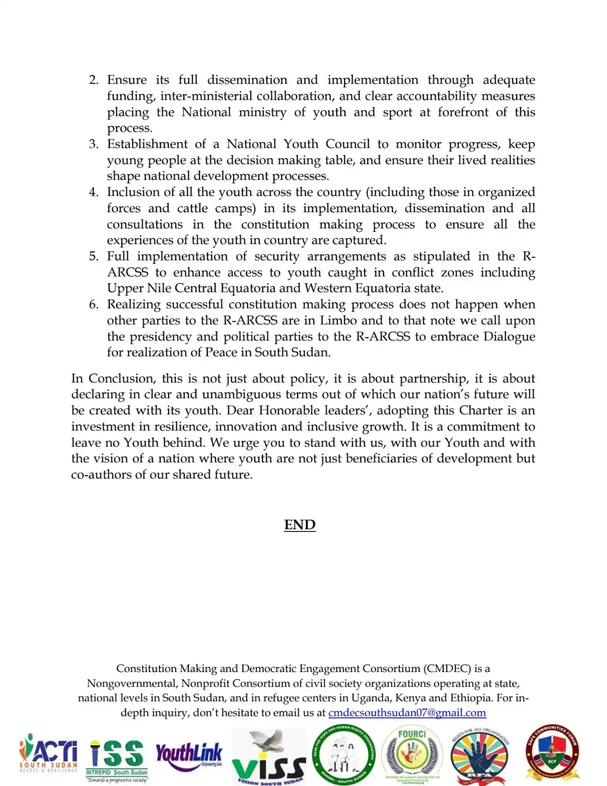 [PRESS RELEASE] - Charter Calls for Creation of National Youth Council in South Sudan