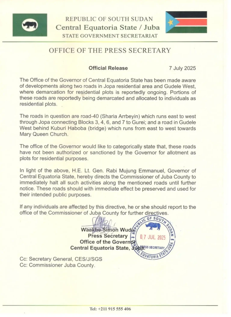 Governor Orders Immediate Halt to Illegal Plot Allocations on Juba Roads