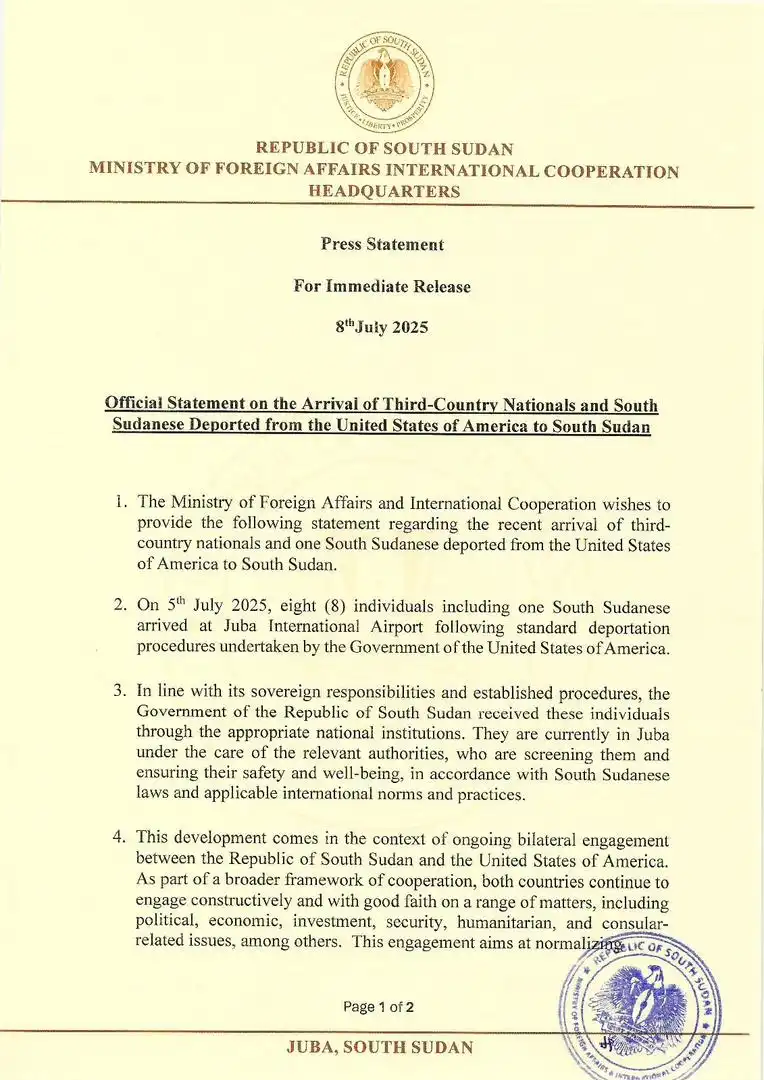 Official Statement on the Arrival of Third-Country Nationals and SouthSudanese Deported from the United States of America to South Sudan