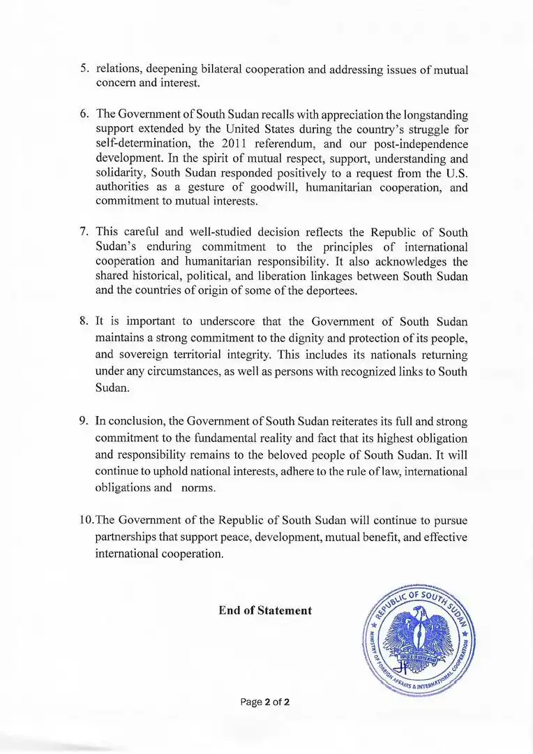 Official Statement on the Arrival of Third-Country Nationals and SouthSudanese Deported from the United States of America to South Sudan