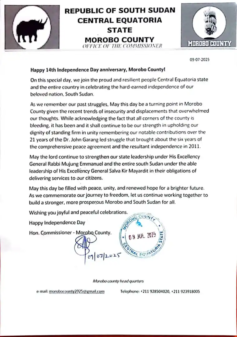Press Release Happy 14th Independence Day anniversary, Morobo County Press Release: Happy 14th Independence Day anniversary, Morobo County