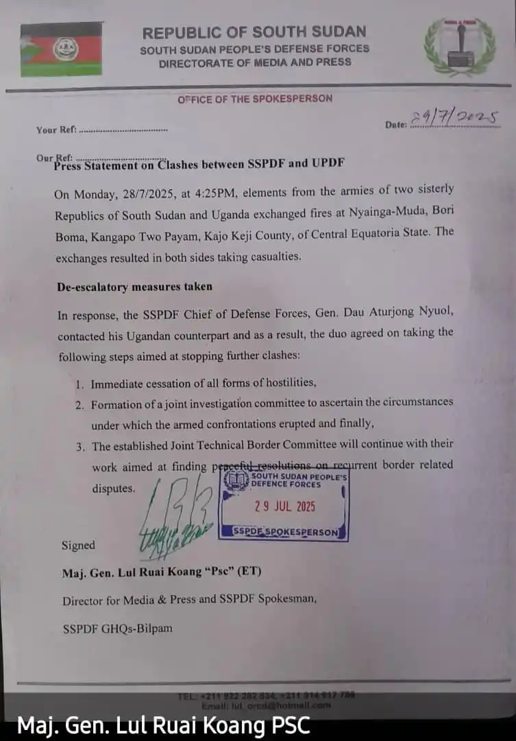 [PRESS RELEASE] - SSPDF and UPDF Agree on Ceasefire After Border Clashes in Kajo Keji