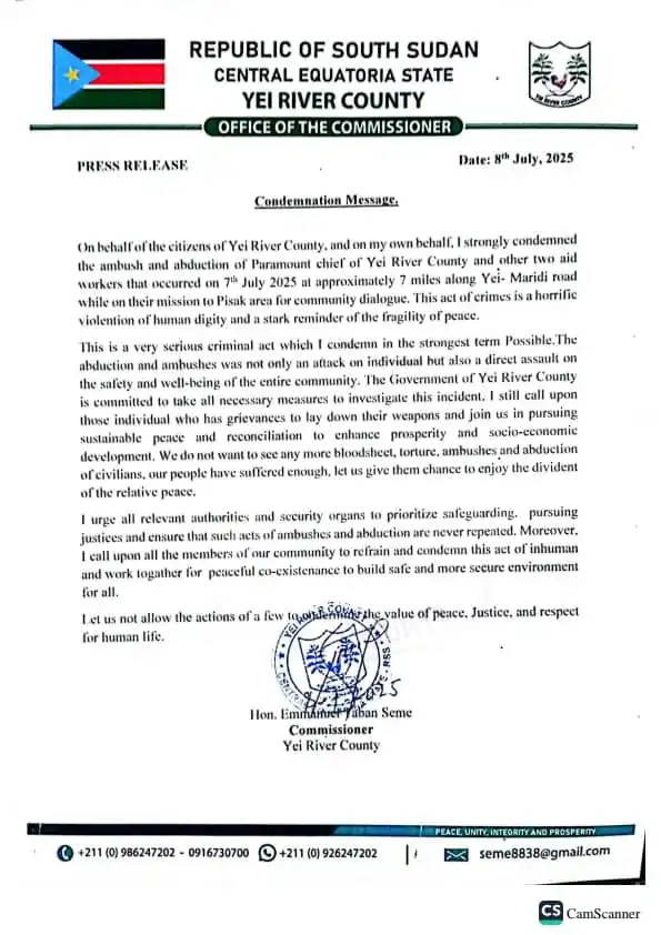 Press Release Yei - Yei Commissioner Condemns Ambush on Local Leaders