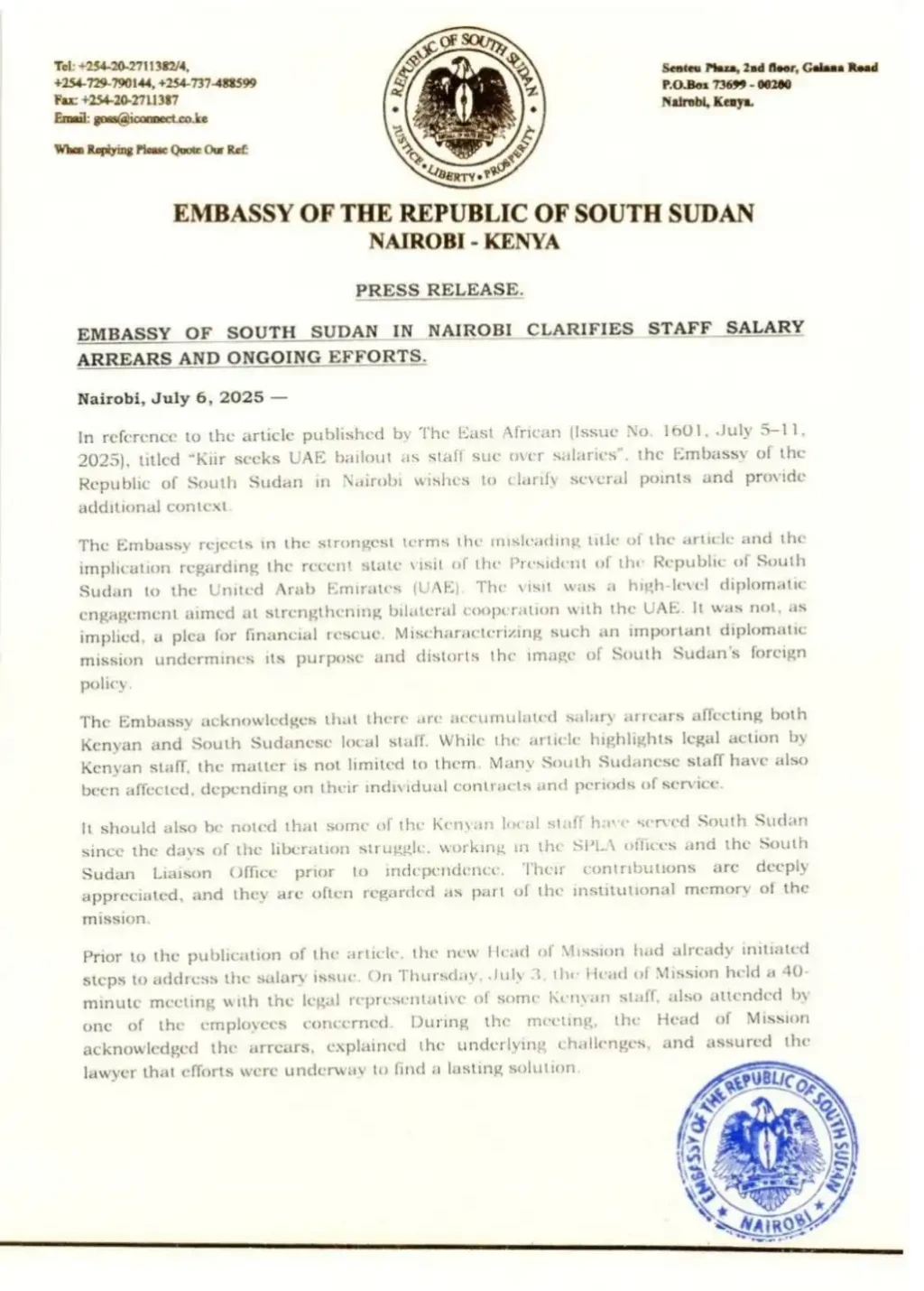 South Sudan Embassy in Nairobi Confirms Salary Delays Are Being Handled