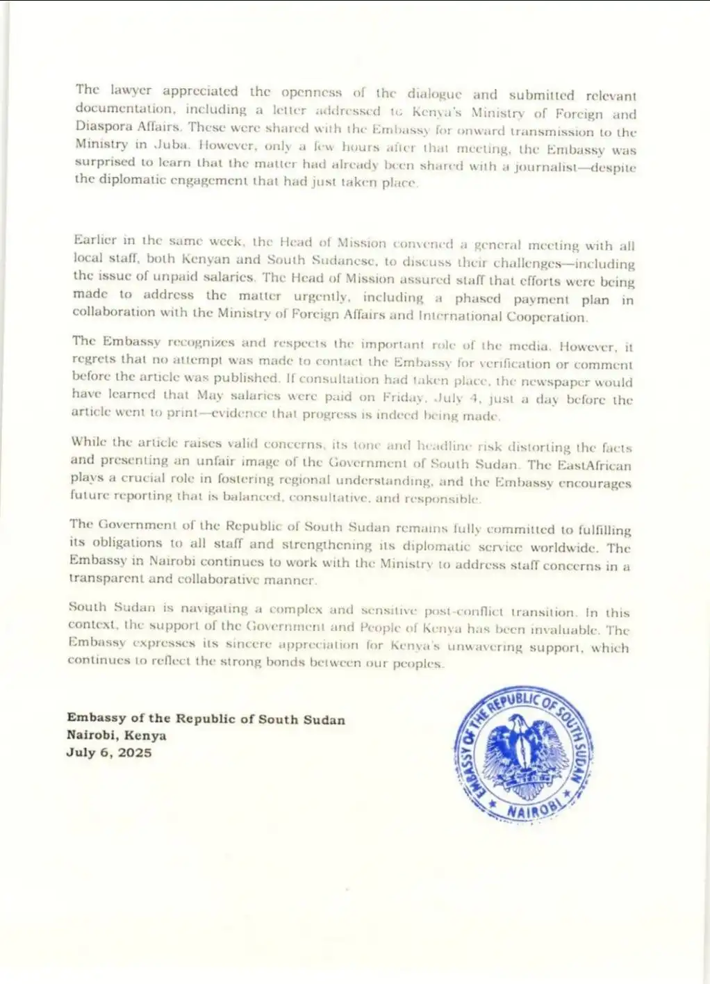 South Sudan Embassy in Nairobi Confirms Salary Delays Are Being Handled 2025