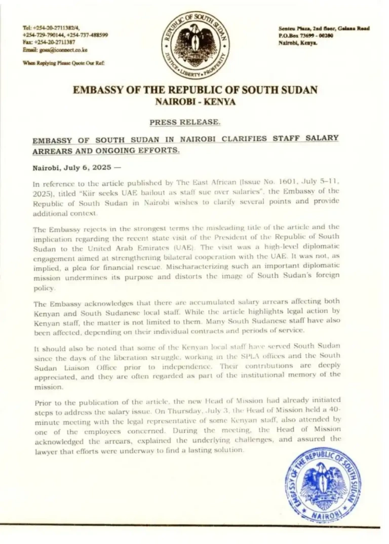 South Sudan Embassy in Nairobi Confirms Salary Delays Are Being Handled