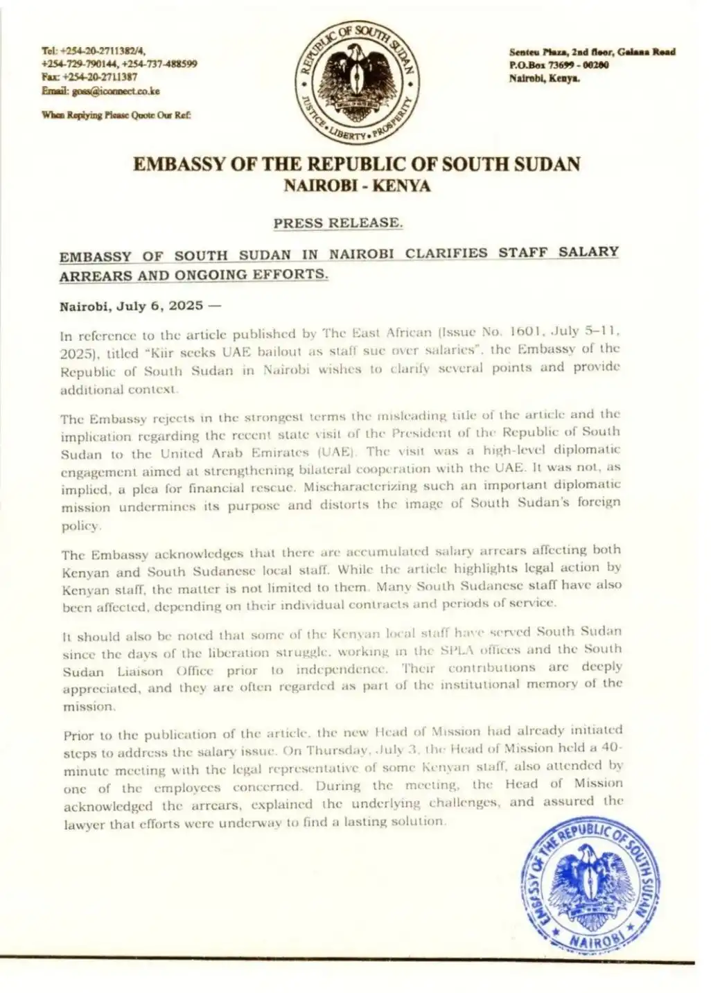 South Sudan Embassy in Nairobi Confirms Salary Delays Are Being Handled