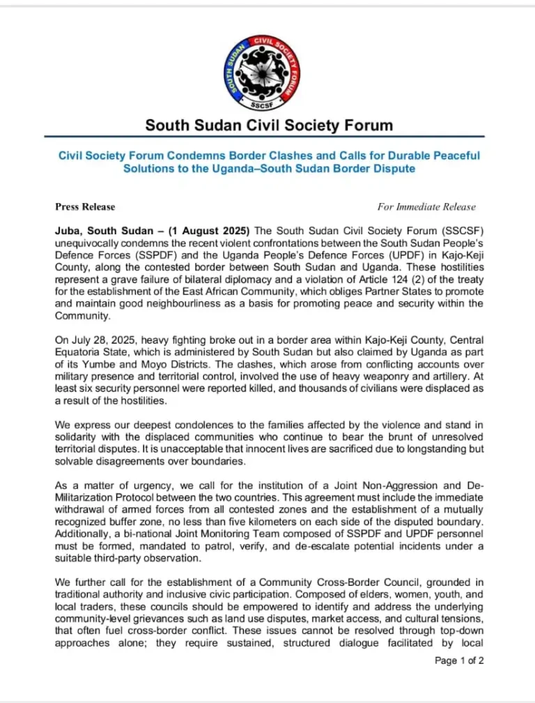 South Sudan Civil Society Demands Urgent Action on Uganda Border Conflict