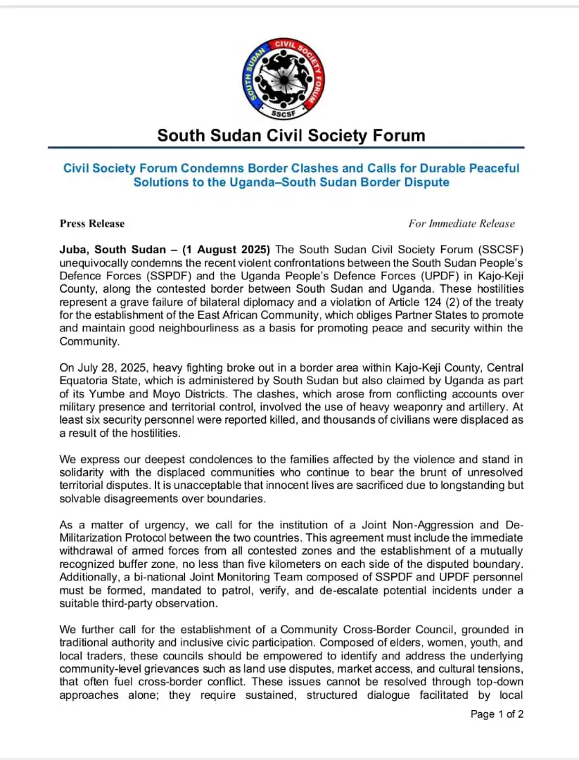 CIVIL South Sudan Civil Society Demands Urgent Action on Uganda Border Conflict