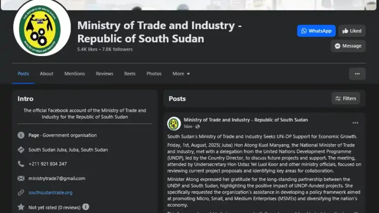 The Ministry of Trade and Industry of the Republic of South Sudan still lists ministrytrade7@gmail.com as its official contact email on its verified Facebook page.