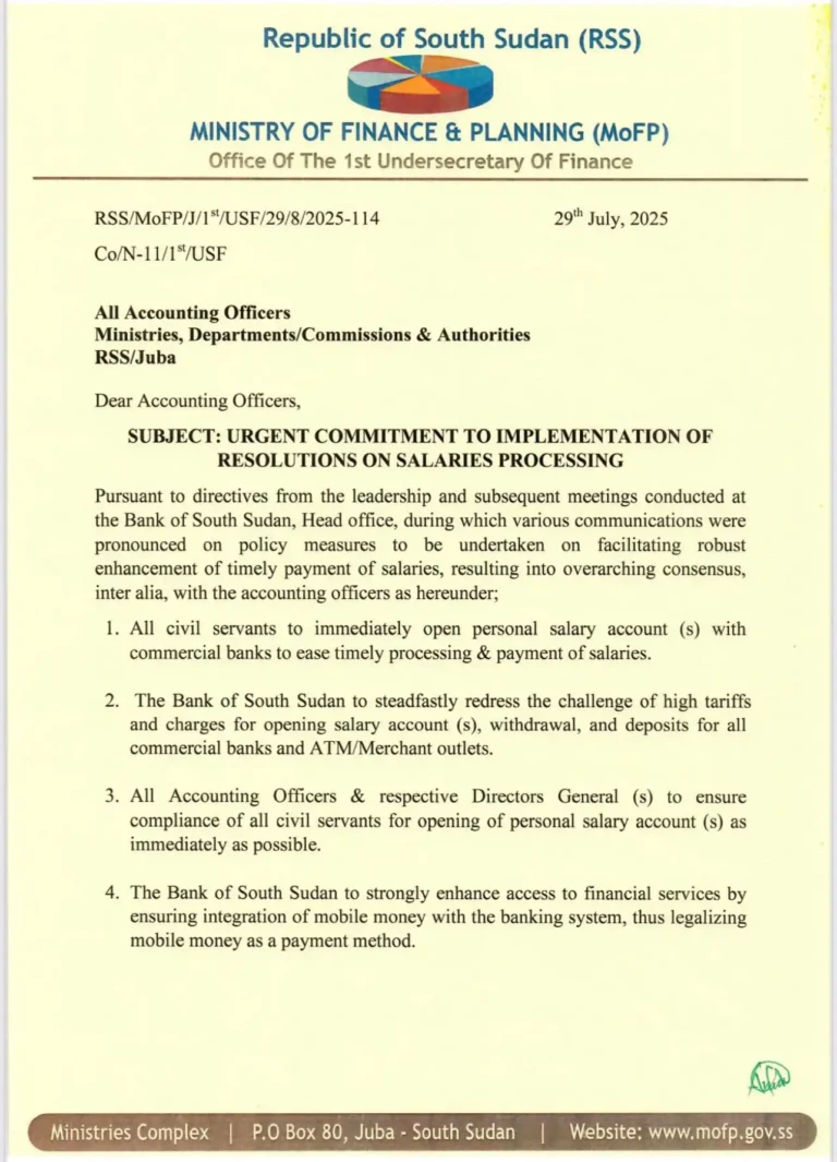 Ministry of Finance Announces Plan for Timely Salary Payments South Sudan