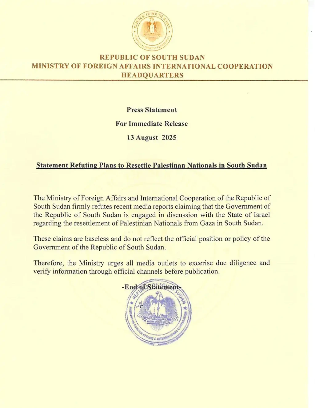 South Sudan Dismisses Claims on Hosting Palestinians from Gaza