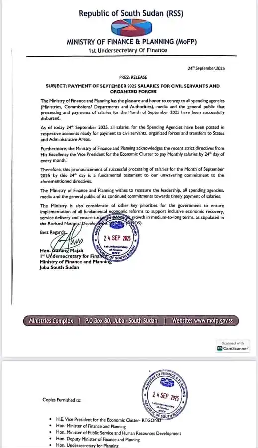 Salary Release September South Sudan
