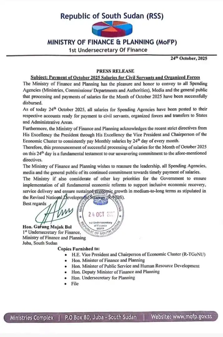 MoFP South Sudan Finance Ministry Confirms October Salary Payments for Civil Servants and Security Forces
