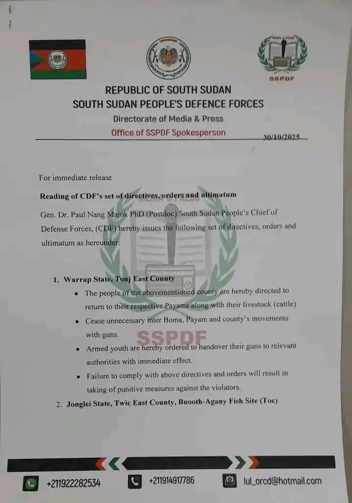 SSPDF Issues Ultimatum on Illegal Armed Activities and Disputed Fishing Site in Warrap and Jonglei SSPDF Issues Ultimatum on Illegal Armed Activities and Disputed Fishing Site in Warrap and Jonglei