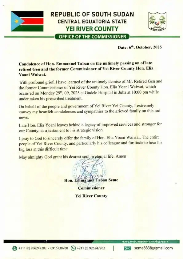 Yei Commissioner Pays Tribute to Late General Wai Wai Yei Commissioner Pays Tribute to Late General Wai Wai