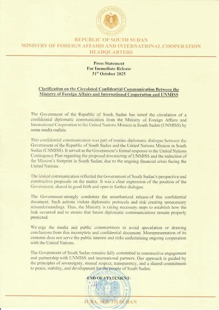 Government Condemns Leak of Confidential Diplomatic Letter to UNMISS