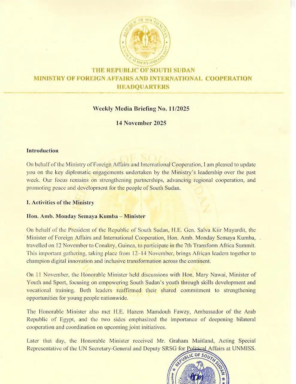 Weekly Media Briefing from Ministry of Foreign Affairs Weekly Media Briefing from Ministry of Foreign Affairs