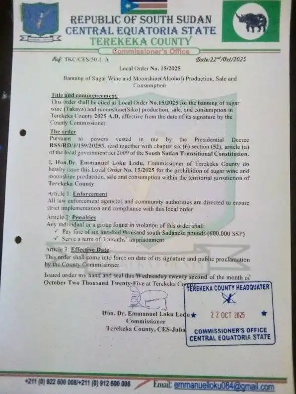 Terekeka Commissioner Bans Local Alcohol to Curb Rising Domestic Violence Terekeka Commissioner Bans Local Alcohol to Curb Rising Domestic Violence