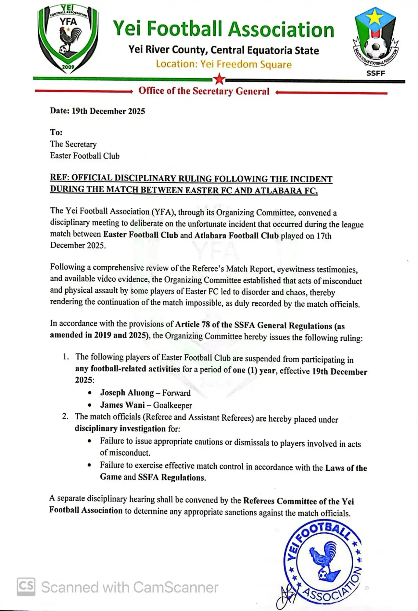 Yei FA Bans Two Players After League Match Disorder