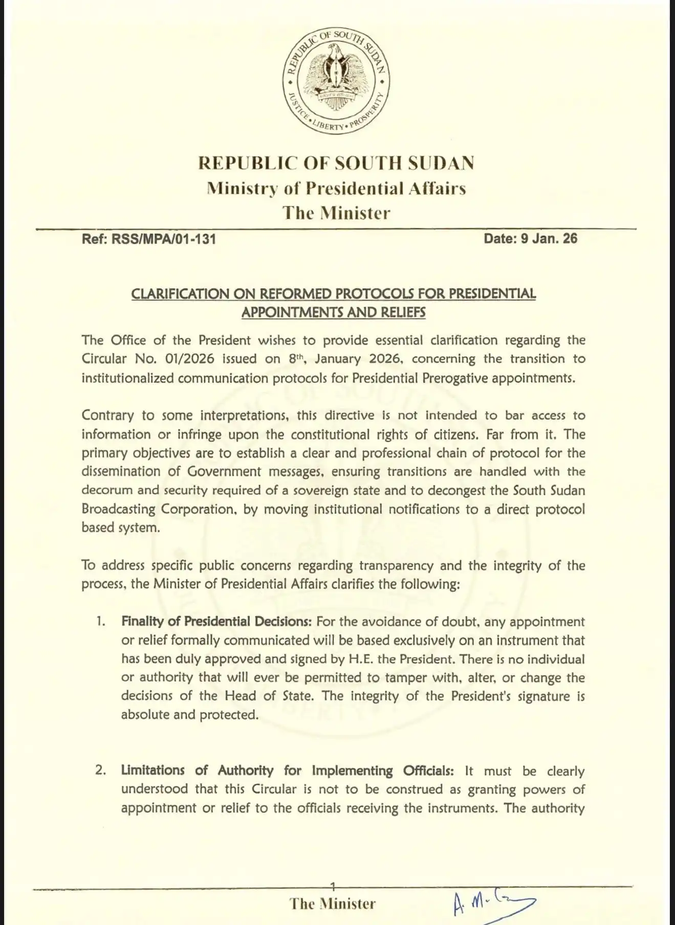 Juba Clarifies New Process for Presidential Orders