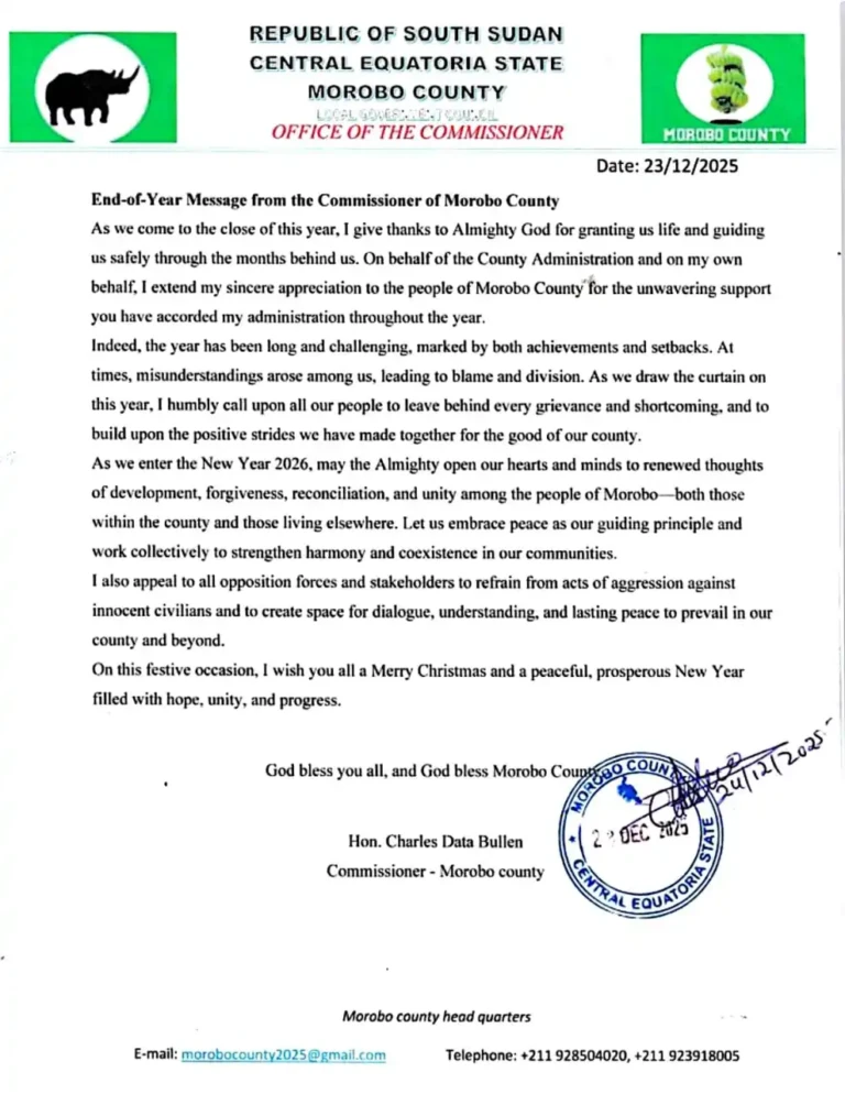 Morobo Commissioner Calls for Peace and Reconciliation in 2026