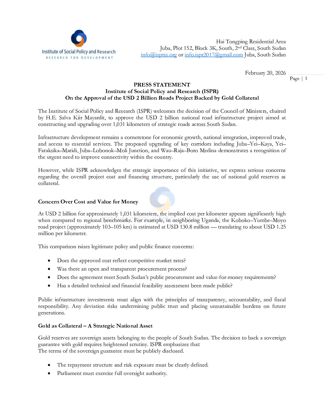 ISPR Press Release on Gold for Roads South Sudan..