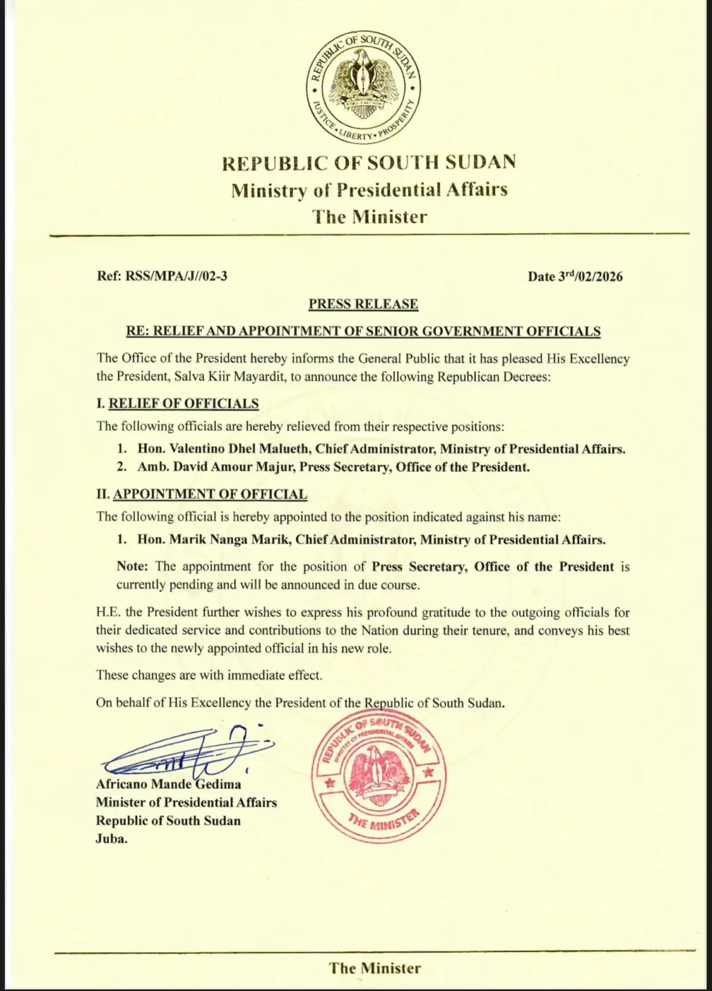 Kiir Names Marik New Chief Administrator