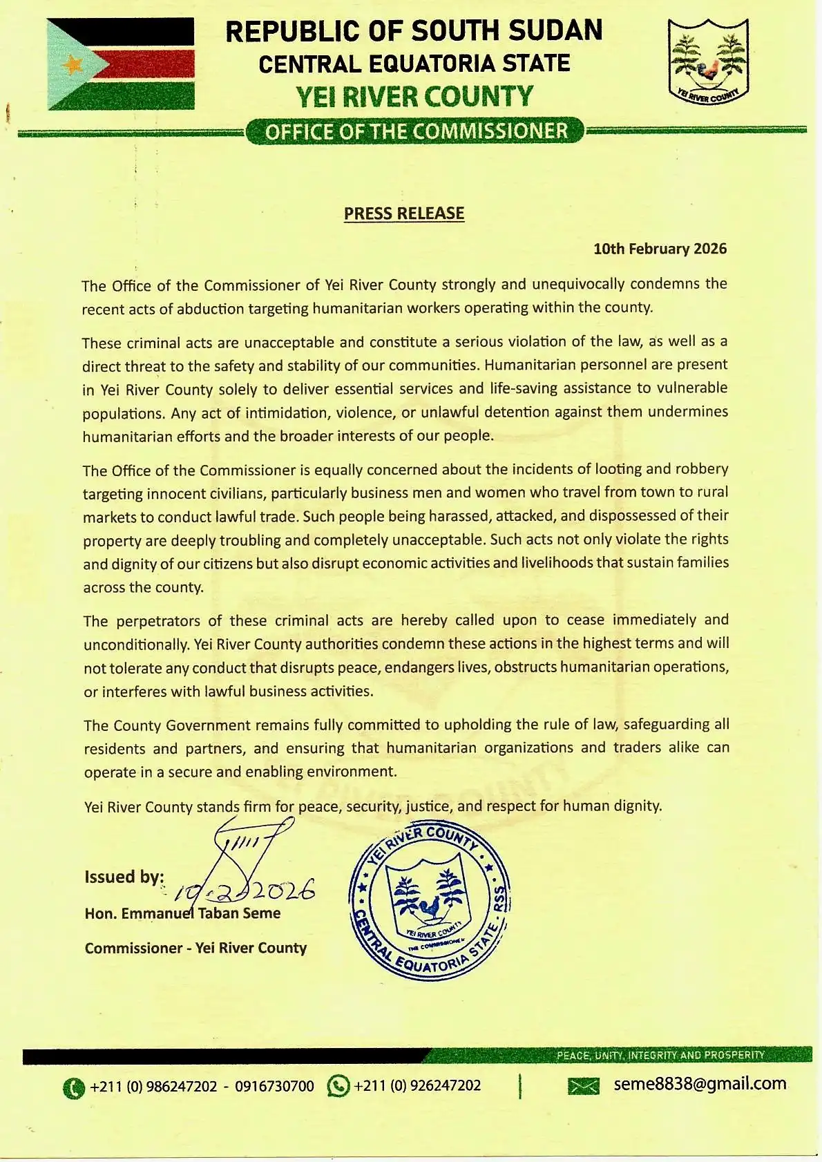 Statement - Commissioner Calls for End to Violence in Yei