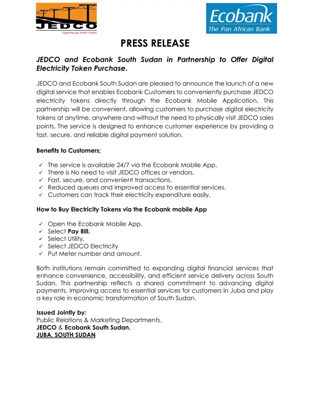 JEDCO and Ecobank Launch Mobile Electricity Payments