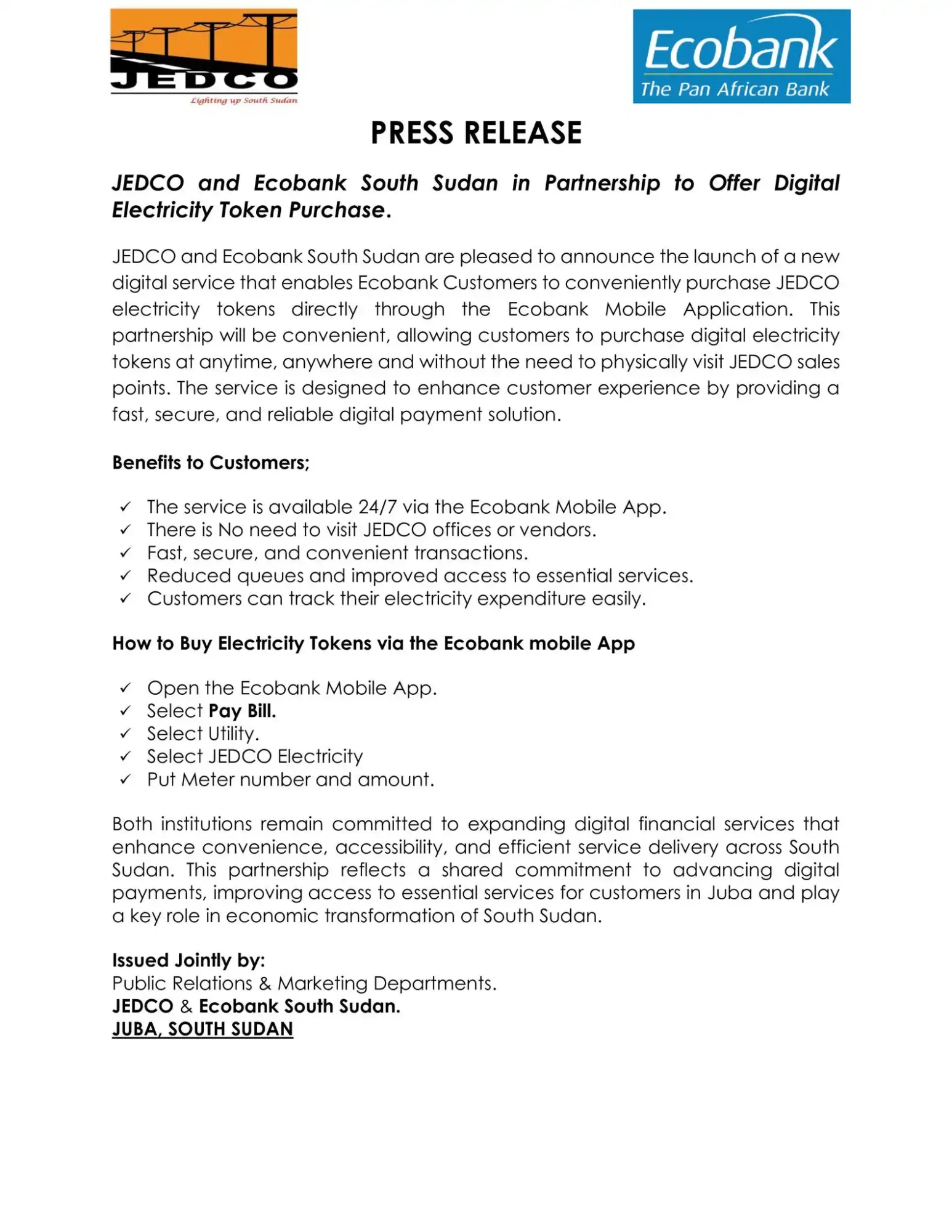 JEDCO and Ecobank Launch Mobile Electricity Payments