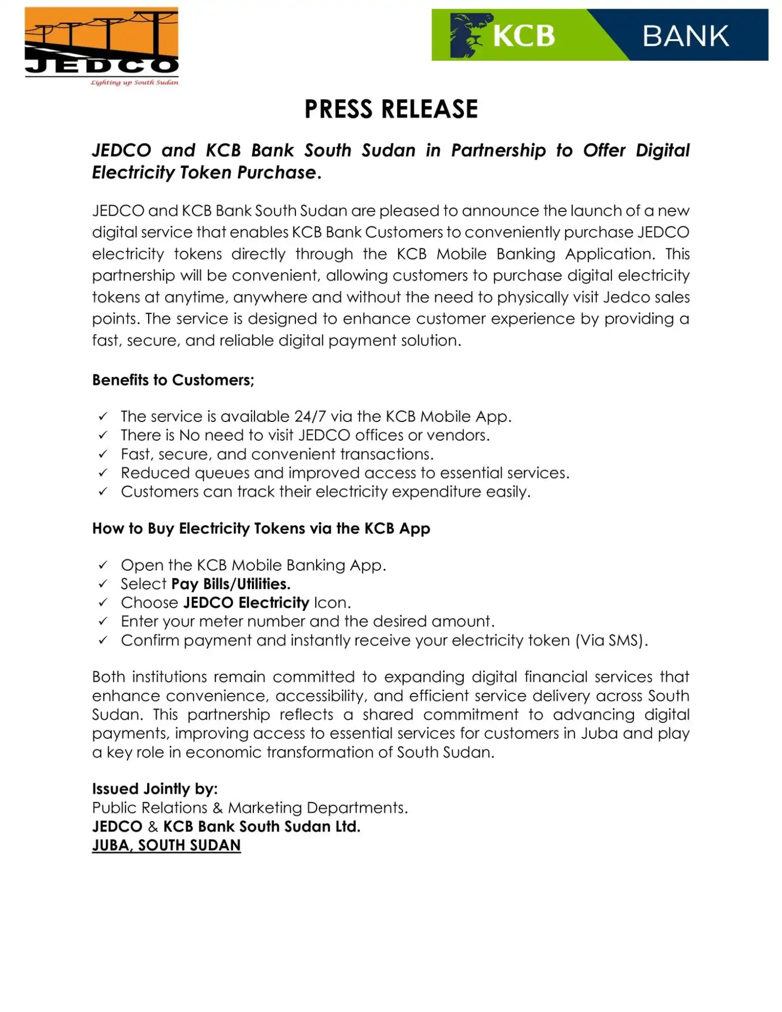 JEDCO and KCB Launch Mobile Power Token Service
