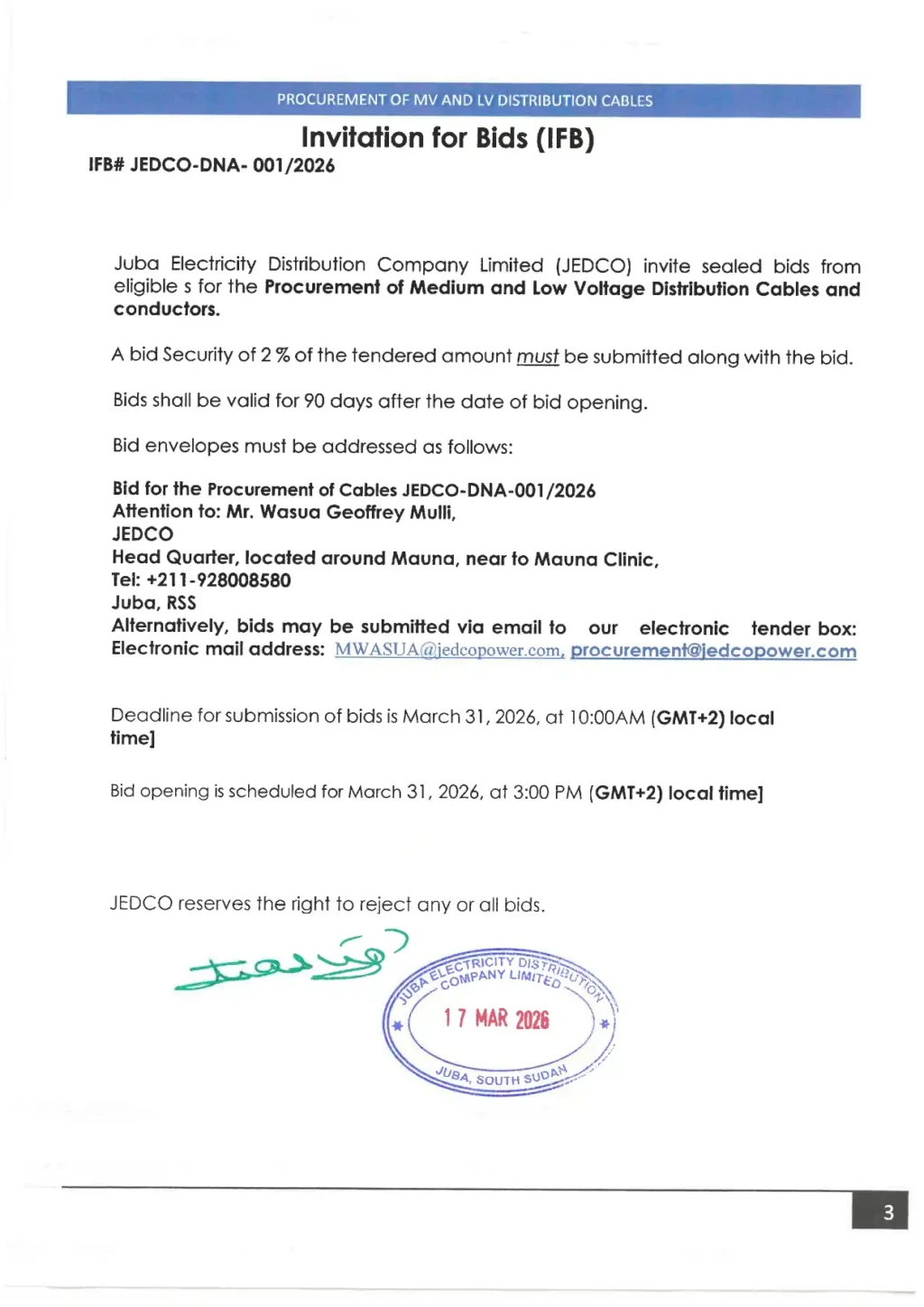 JEDCO Issues Tender for Medium and Low Voltage Cables