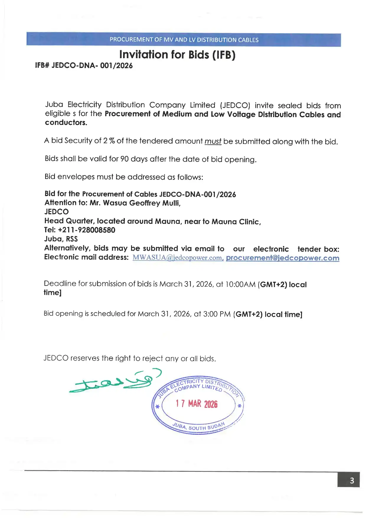 JEDCO Issues Tender for Medium and Low Voltage Cables