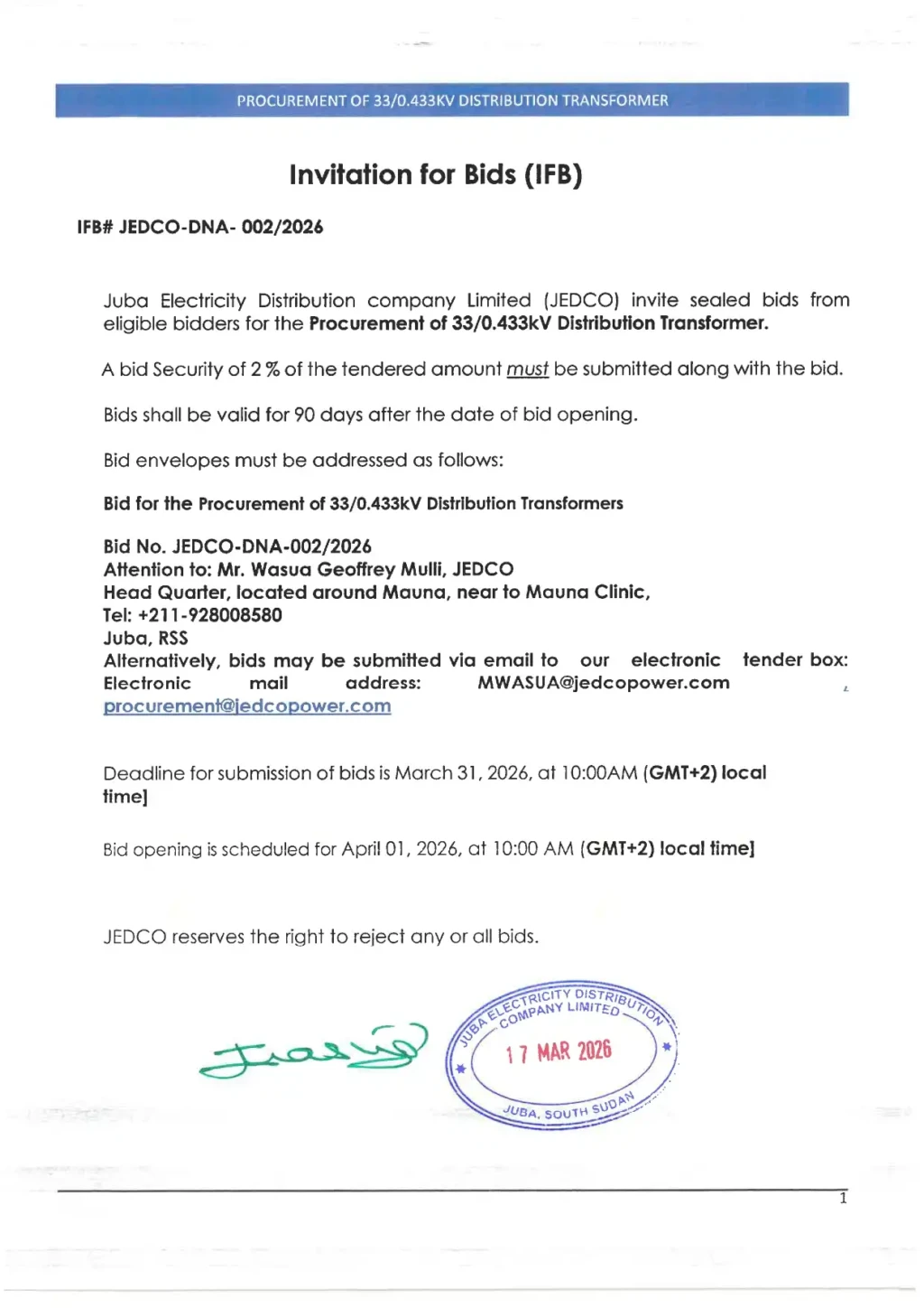 JEDCO Opens Tender for Transformer Supply in Juba