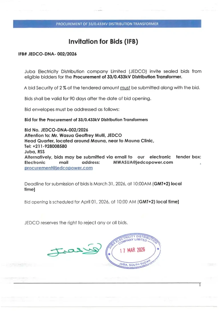 JEDCO Opens Tender for Transformer Supply in Juba