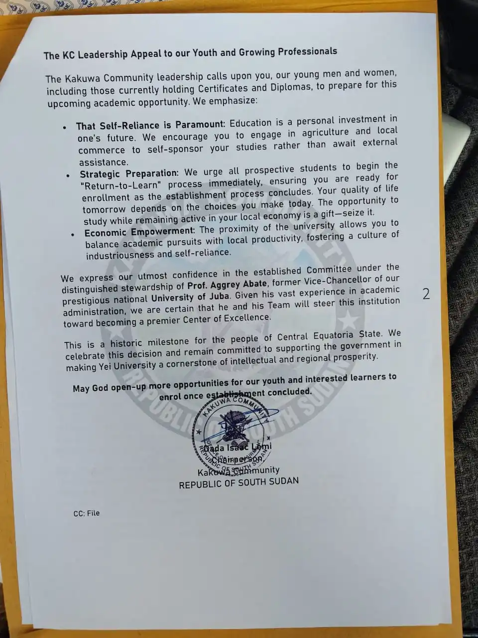 Local Leaders Welcome Yei University Move