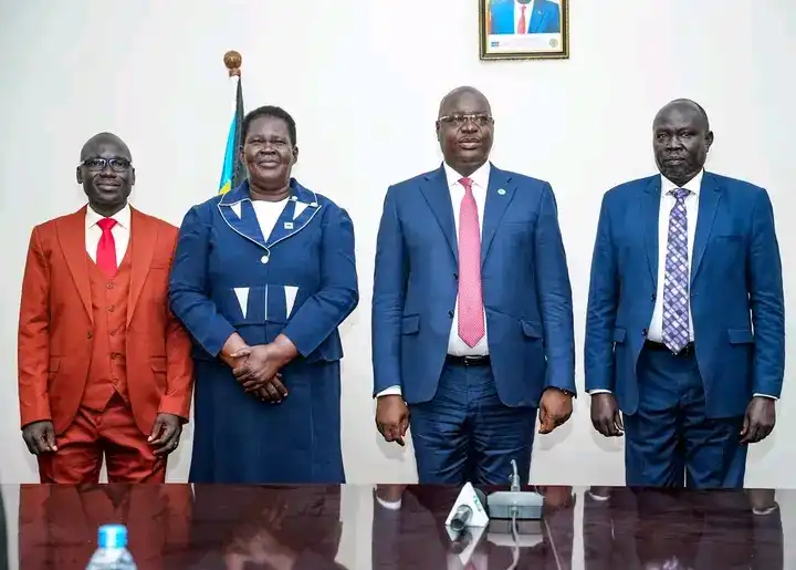 The New Commissioners of Lainya-Ye-Morobo pose for a group Photo with the state Governor-Emmanuel Adil. PHOTO CREDITS: Central Equatoria State Press Unit