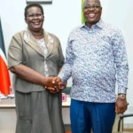 Governor Emmanuel Adil Anthony and Huda Micha Laila, Commissioner of Lainya County, after a briefing on the general security situation in the area. |Photo| Office of the Governor