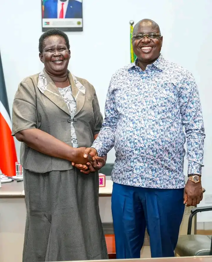 Governor Emmanuel Adil Anthony and Huda Micha Laila, Commissioner of Lainya County, after a briefing on the general security situation in the area. |Photo| Office of the Governor