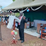 Morobo County Commissioner Joseph Mawa addressing residents during a fan raising event on over the weekend