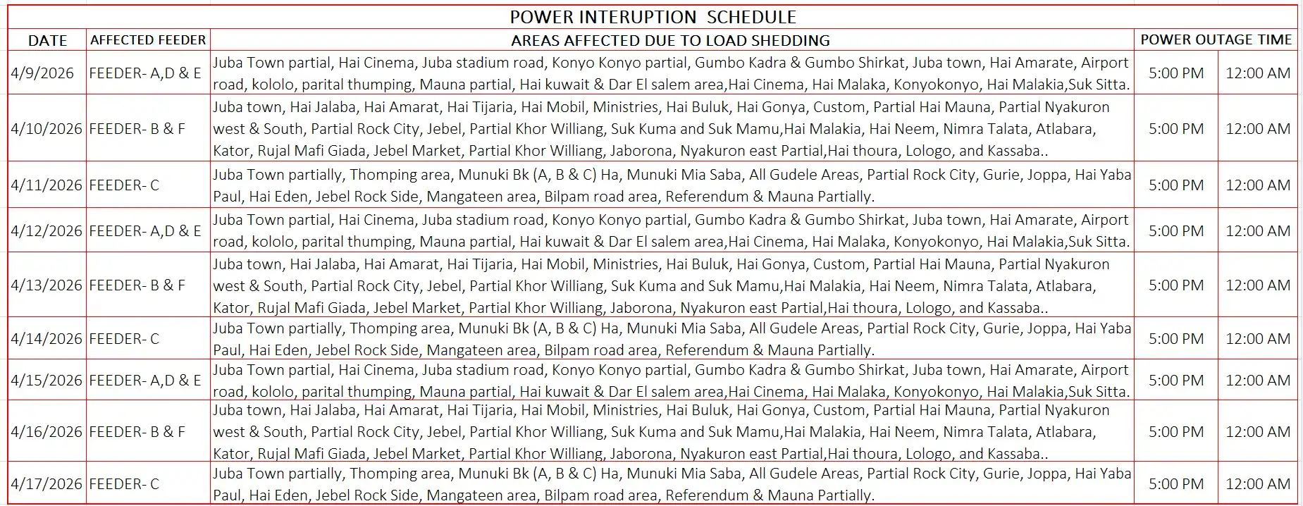Power Interruption Scheduele in Juba March - April 2026