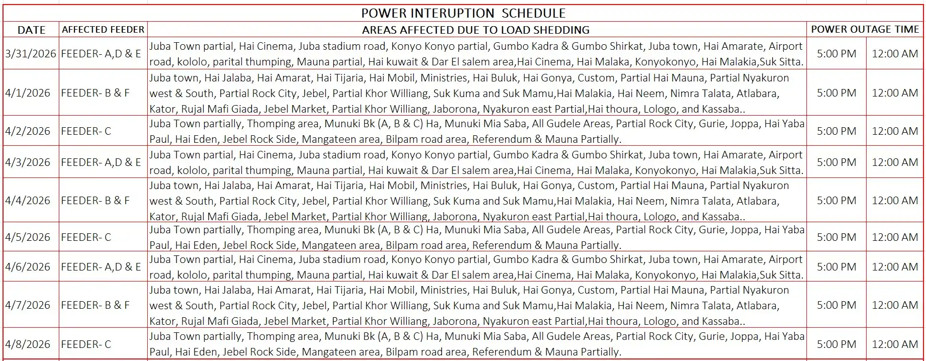 Power Interruption Schedule