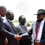 President Kiir greets senior government officials upon arrival at Juba International Air port. Credit: Press Unit Office of the President